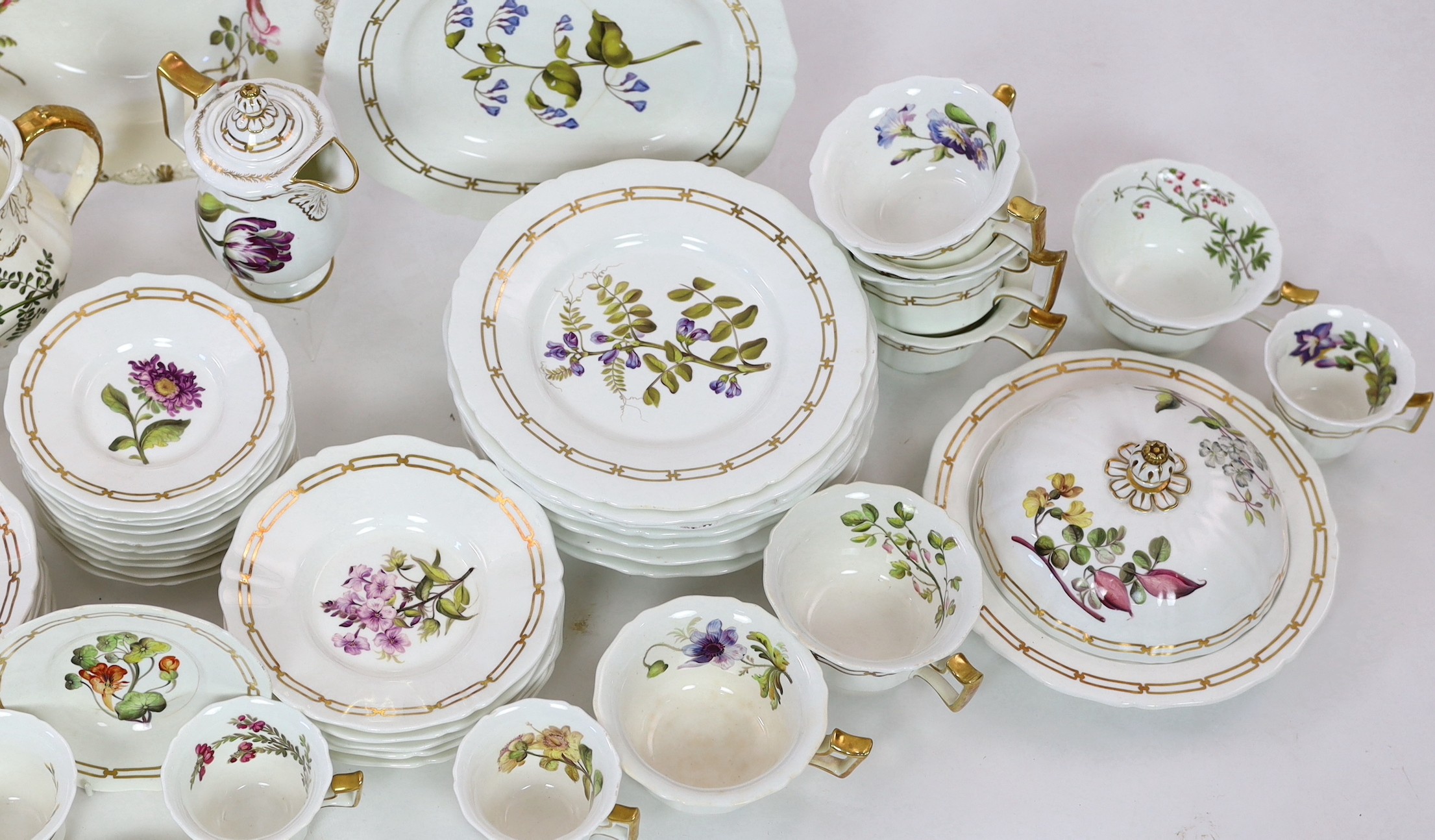 A rare Rockingham botanical specimen part breakfast service, griffin statant mark, c.1826, with some matching pieces, c.1830-5